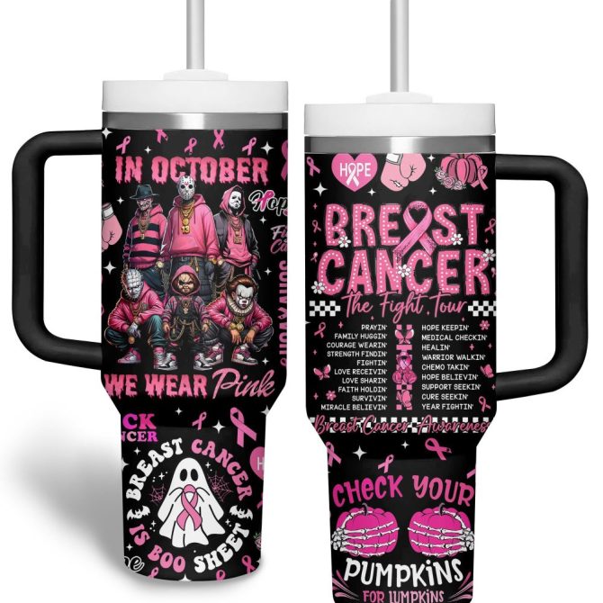 Breast Cancer Horror Movies Custom Stanley Quencher 40Oz Stainless Steel Tumbler With Handle