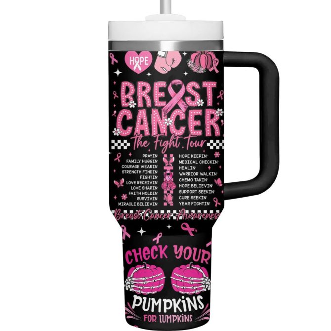 Breast Cancer Horror Movies Custom Stanley Quencher 40Oz Stainless Steel Tumbler With Handle - Image 3