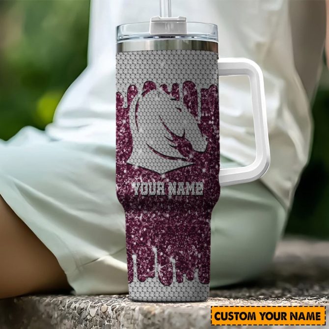 Brisbane Broncos Nrl Sports Glitter Custom Stanley Quencher 40Oz Stainless Steel Tumbler With Handle