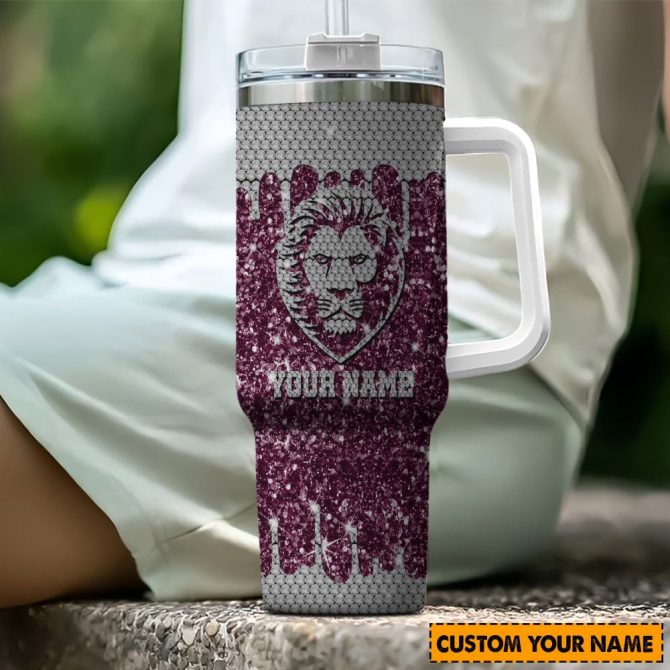 Brisbane Lions Afl Sports Glitter Custom Stanley Quencher 40Oz Stainless Steel Tumbler With Handle
