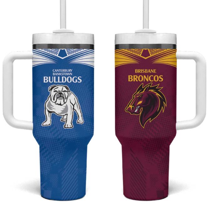 Broncos-Bulldogs Nrl Tribal Half Style Custom Stanley Quencher 40Oz Stainless Steel Tumbler With Handle - Image 2
