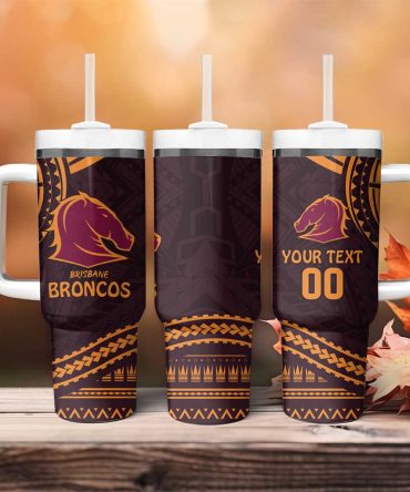 Broncos Rugby With Polynesian Style Custom Stanley Quencher 40Oz Stainless Steel Tumbler With Handle