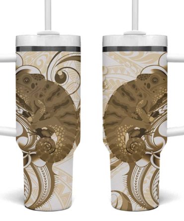 Brown And White Hawaii Chameleon Plumeria Polynesian Tribal Art Custom Stanley Quencher 40Oz Stainless Steel Tumbler With Handle