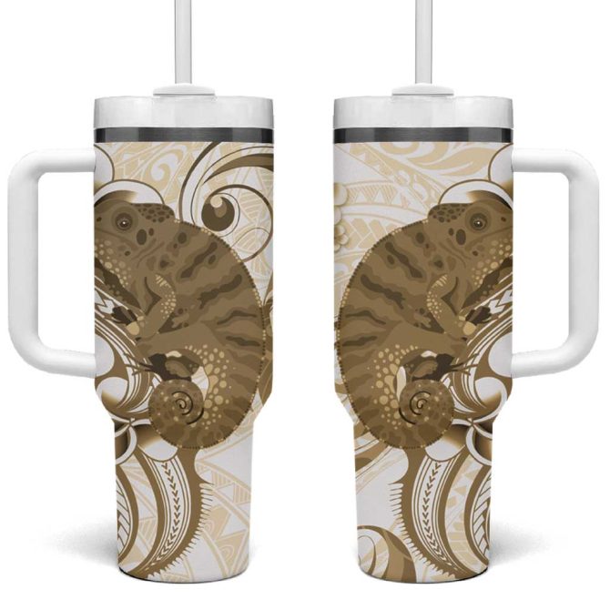 Brown And White Hawaii Chameleon Plumeria Polynesian Tribal Art Custom Stanley Quencher 40Oz Stainless Steel Tumbler With Handle