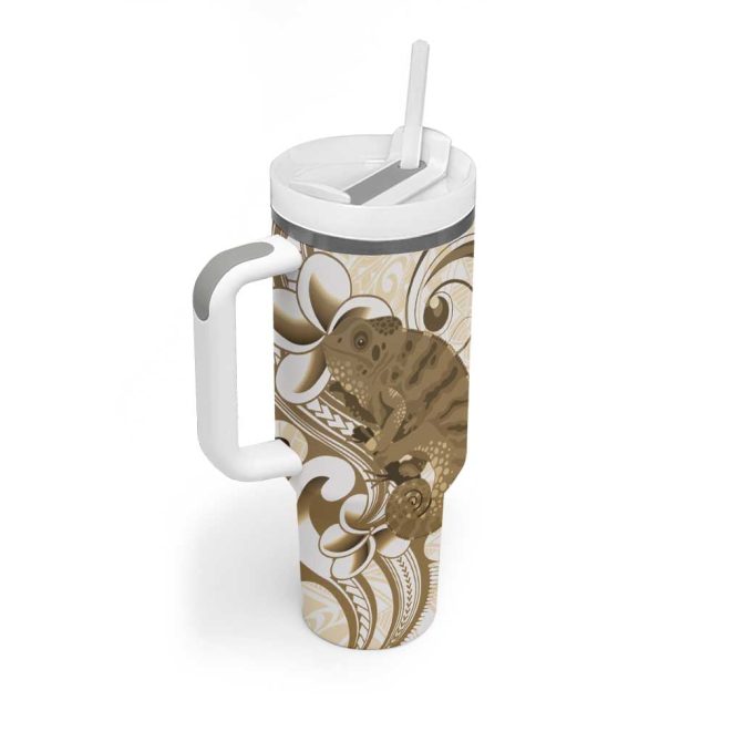 Brown And White Hawaii Chameleon Plumeria Polynesian Tribal Art Custom Stanley Quencher 40Oz Stainless Steel Tumbler With Handle - Image 2