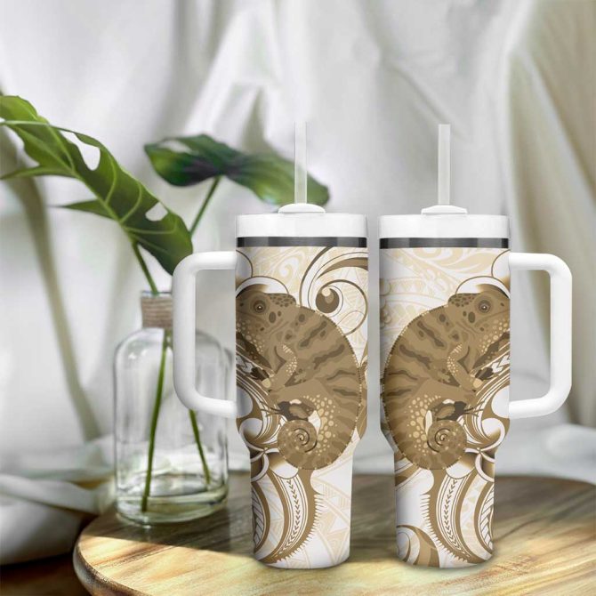 Brown And White Hawaii Chameleon Plumeria Polynesian Tribal Art Custom Stanley Quencher 40Oz Stainless Steel Tumbler With Handle - Image 9