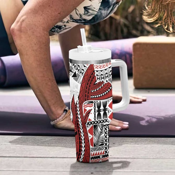 Bula Fiji Shark Tail White Masi Tapa Custom Stanley Quencher 40Oz Stainless Steel Tumbler With Handle - Image 6