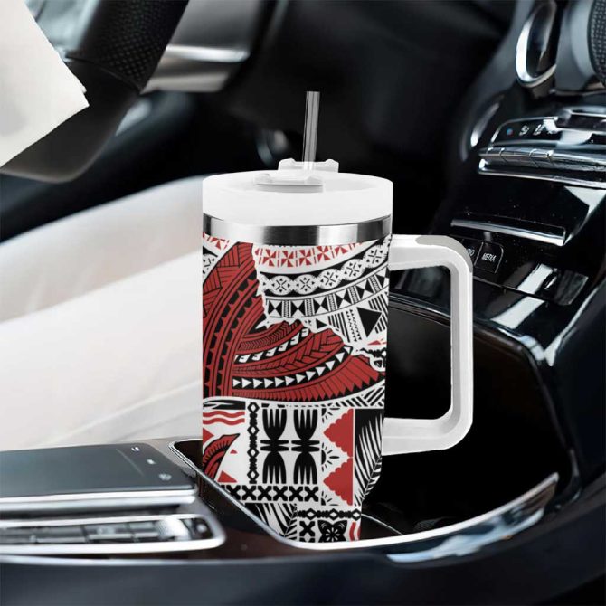 Bula Fiji Shark Tail White Masi Tapa Custom Stanley Quencher 40Oz Stainless Steel Tumbler With Handle - Image 8