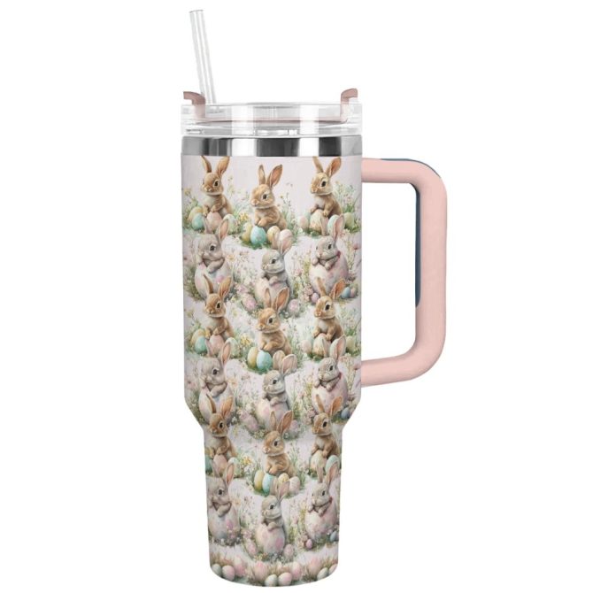 Bunny Bliss Custom Stanley Quencher 40Oz Stainless Steel Tumbler With Handle