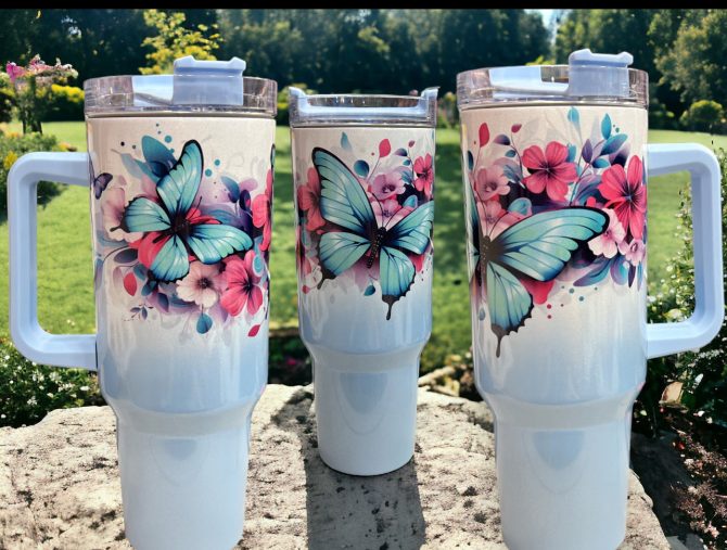 Butterflies And Flowers Custom Stanley Quencher 40Oz Stainless Steel Tumbler