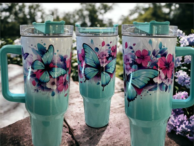 Butterflies And Flowers Custom Stanley Quencher 40Oz Stainless Steel Tumbler