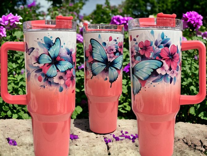 Butterflies And Flowers Custom Stanley Quencher 40Oz Stainless Steel Tumbler