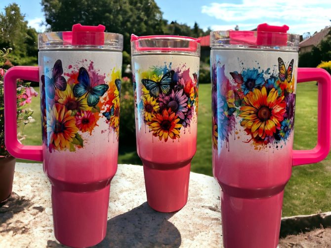 Butterflies And Flowers Custom Stanley Quencher 40Oz Stainless Steel Tumbler