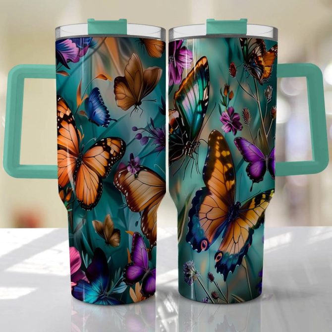 Butterflies Custom Stanley Quencher 40Oz Stainless Steel Tumbler With Handle - Image 2