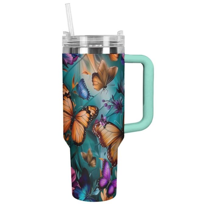 Butterflies Custom Stanley Quencher 40Oz Stainless Steel Tumbler With Handle