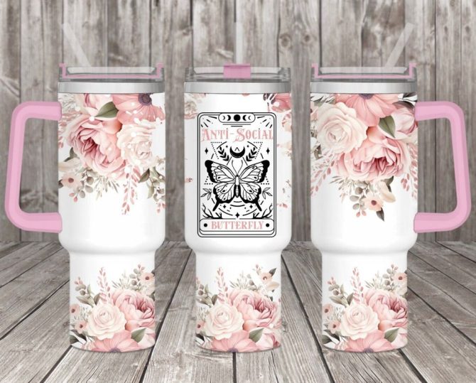 Butterfly And Floral Custom Stanley Quencher 40Oz Stainless Steel Tumbler