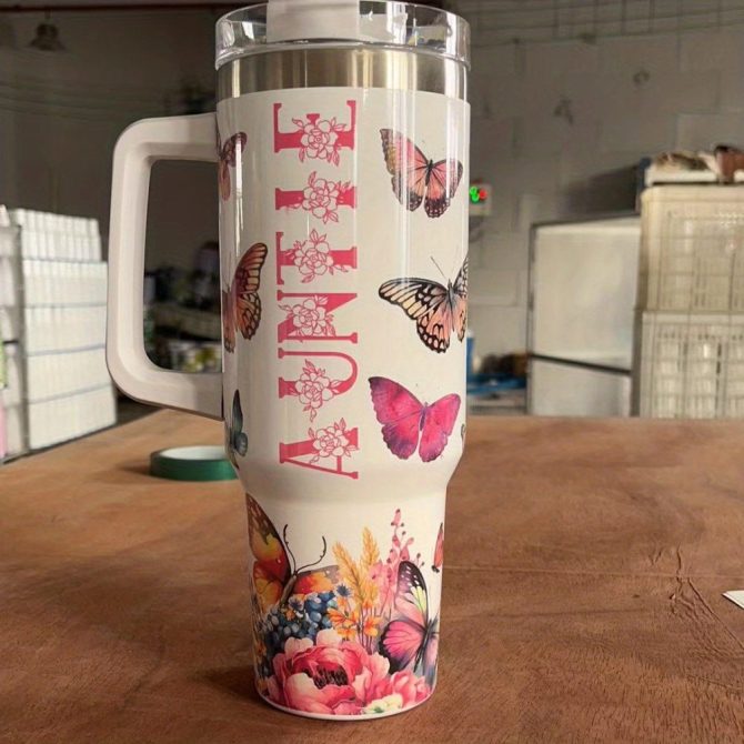 Butterfly And Flower Custom Stanley Quencher 40Oz Stainless Steel Tumbler With Handle