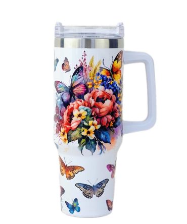 Butterfly And Flower Custom Stanley Quencher 40Oz Stainless Steel Tumbler With Handle