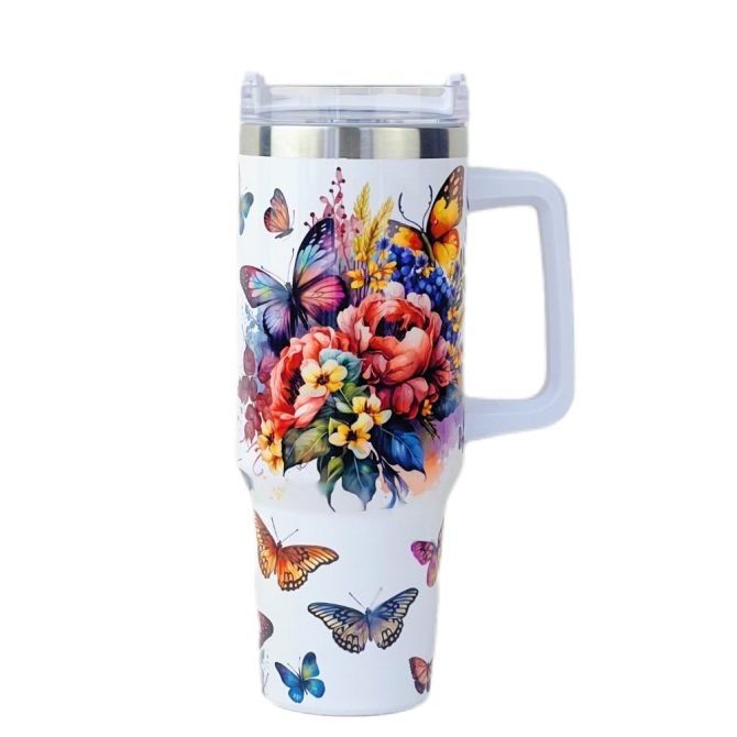 Butterfly And Flower Custom Stanley Quencher 40Oz Stainless Steel Tumbler With Handle