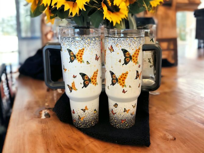 Butterfly Black Handle Custom Stanley Quencher 40Oz Stainless Steel Tumbler