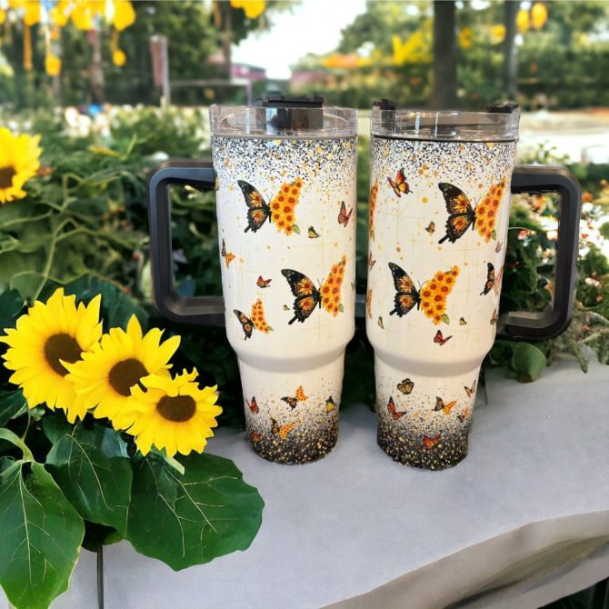 Butterfly Black Handle Custom Stanley Quencher 40Oz Stainless Steel Tumbler - Image 2