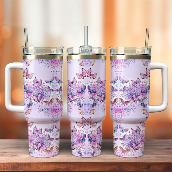 Butterfly Colorful Custom Stanley Quencher 40Oz Stainless Steel Tumbler With Handle