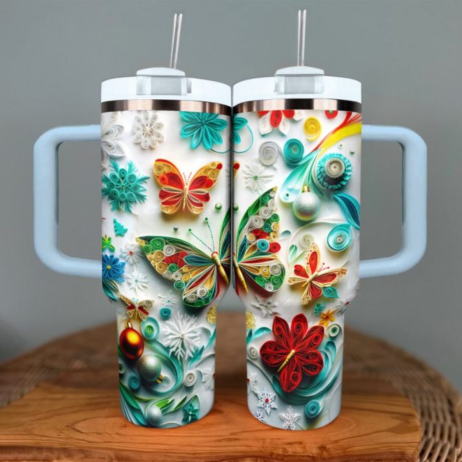 Butterfly Colorful Custom Stanley Quencher 40Oz Stainless Steel Tumbler With Handle - Image 3