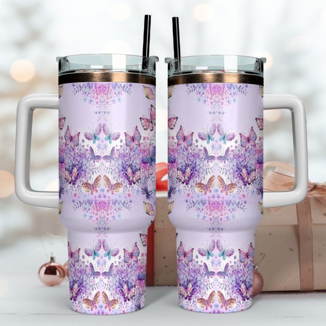 Butterfly Colorful Custom Stanley Quencher 40Oz Stainless Steel Tumbler With Handle - Image 4