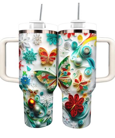 Butterfly Colorful Custom Stanley Quencher 40Oz Stainless Steel Tumbler With Handle