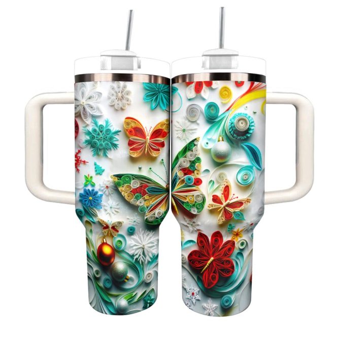 Butterfly Colorful Custom Stanley Quencher 40Oz Stainless Steel Tumbler With Handle