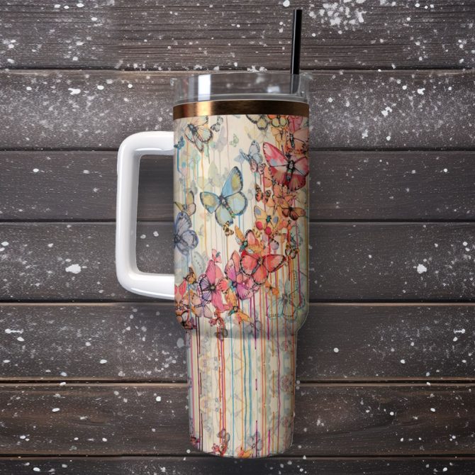 Butterfly Colorful Custom Stanley Quencher 40Oz Stainless Steel Tumbler With Handle - Image 2