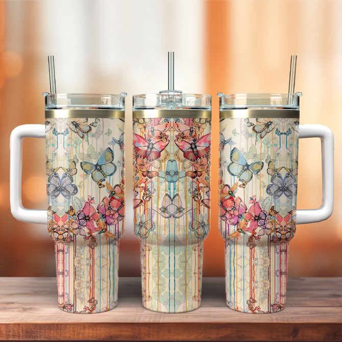 Butterfly Colorful Custom Stanley Quencher 40Oz Stainless Steel Tumbler With Handle