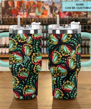 Butterfly Colorful Wings Custom Stanley Quencher 40Oz Stainless Steel Tumbler With Handle