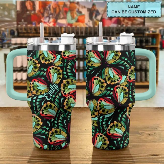 Butterfly Colorful Wings Custom Stanley Quencher 40Oz Stainless Steel Tumbler With Handle