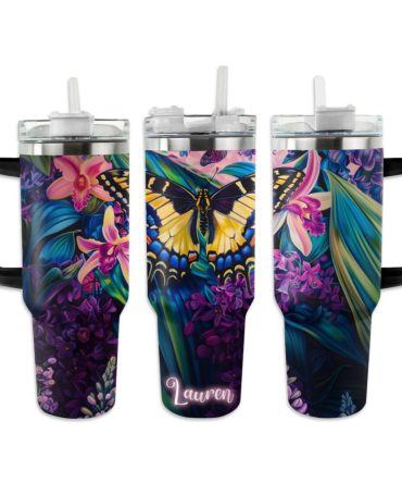 Butterfly Custom Stanley Quencher 40Oz Stainless Steel Tumbler With Handle