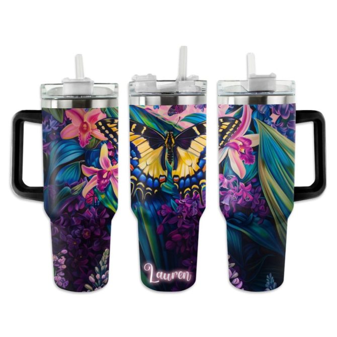 Butterfly Custom Stanley Quencher 40Oz Stainless Steel Tumbler With Handle