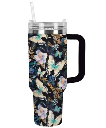 Butterfly Custom Stanley Quencher 40Oz Stainless Steel Tumbler With Handle