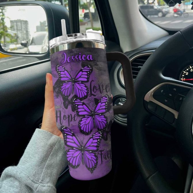 Butterfly Custom Stanley Quencher 40Oz Stainless Steel Tumbler With Handle
