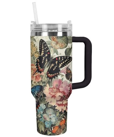 Butterfly Custom Stanley Quencher 40Oz Stainless Steel Tumbler With Handle