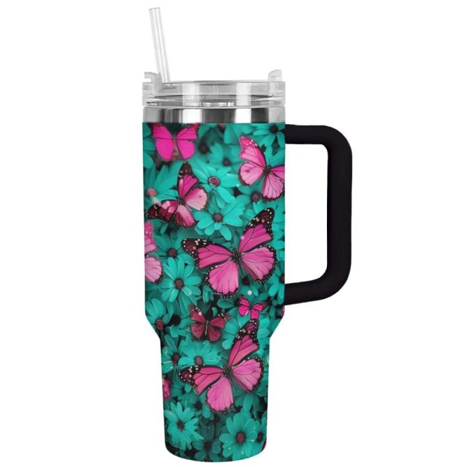 Butterfly Custom Stanley Quencher 40Oz Stainless Steel Tumbler With Handle