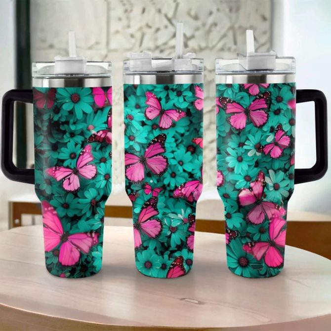 Butterfly Custom Stanley Quencher 40Oz Stainless Steel Tumbler With Handle - Image 2