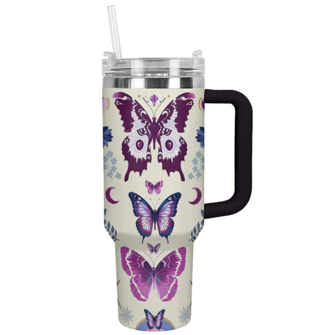Butterfly Custom Stanley Quencher 40Oz Stainless Steel Tumbler With Handle