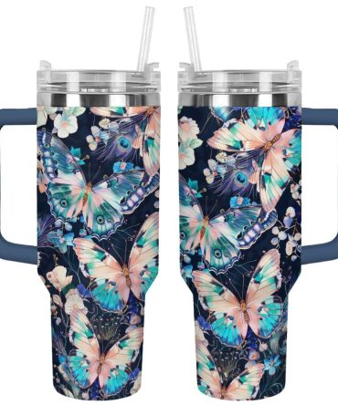 Butterfly Custom Stanley Quencher 40Oz Stainless Steel Tumbler With Handle