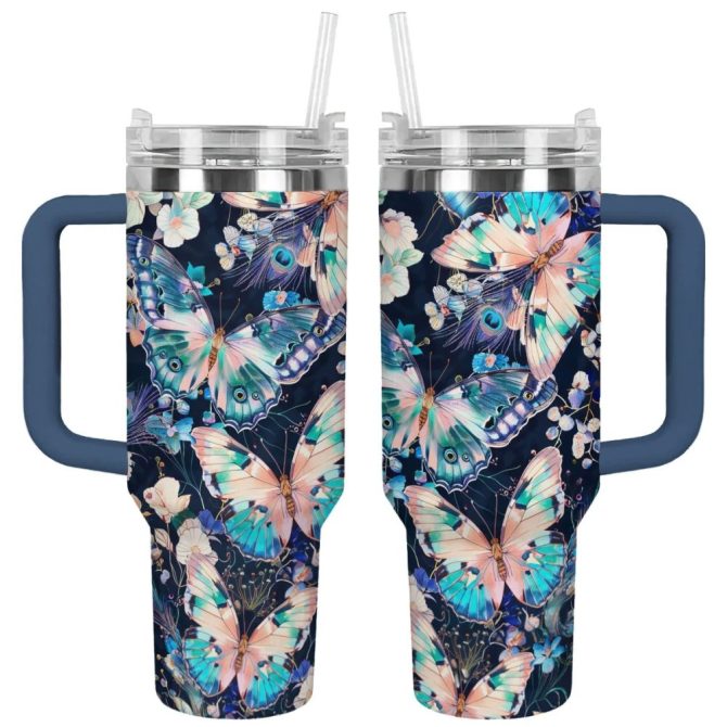 Butterfly Custom Stanley Quencher 40Oz Stainless Steel Tumbler With Handle