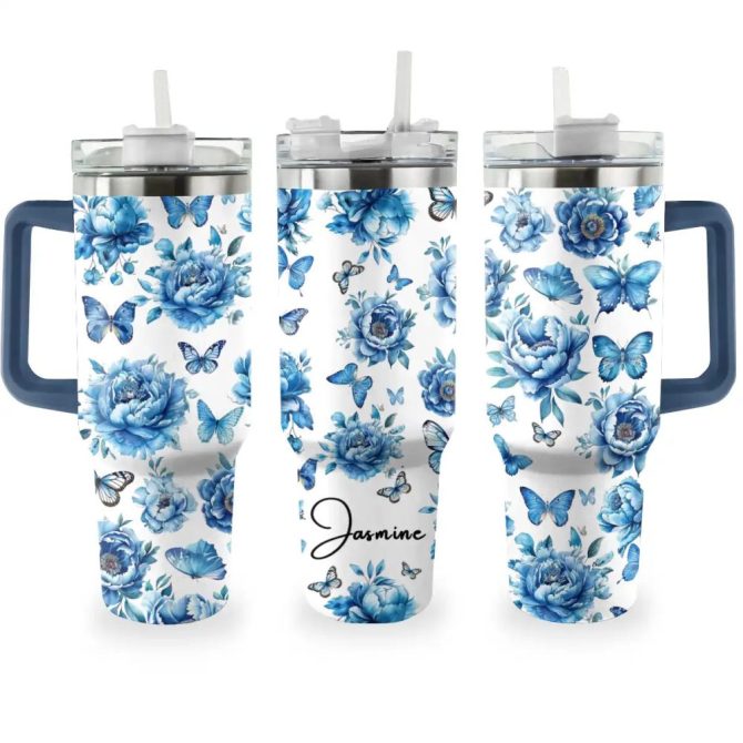 Butterfly Custom Stanley Quencher 40Oz Stainless Steel Tumbler With Handle