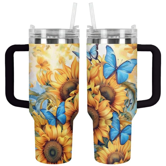 Butterfly Custom Stanley Quencher 40Oz Stainless Steel Tumbler With Handle