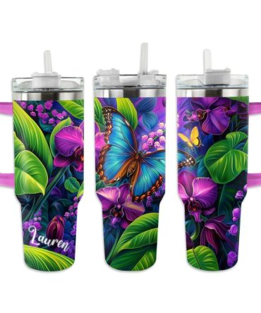 Butterfly Custom Stanley Quencher 40Oz Stainless Steel Tumbler With Handle