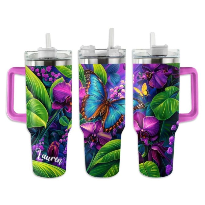 Butterfly Custom Stanley Quencher 40Oz Stainless Steel Tumbler With Handle