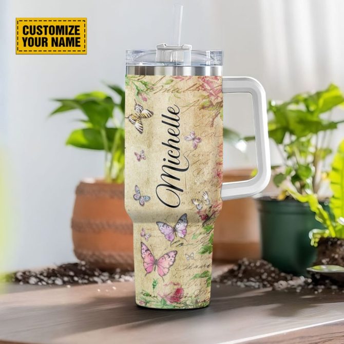 Butterfly Floral Faith Custom Stanley Quencher 40Oz Stainless Steel Tumbler With Handle - Image 3