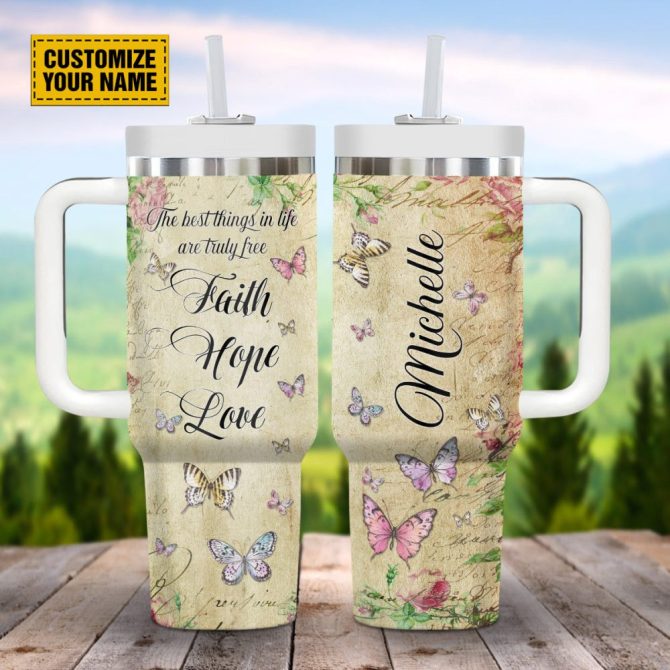 Butterfly Floral Faith Custom Stanley Quencher 40Oz Stainless Steel Tumbler With Handle